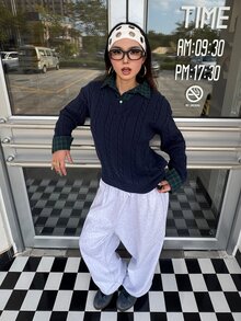 DAZY Women's Autumn/Winter Casual Plaid Patchwork 2 In 1 Sweater - Navy Blue - View 4