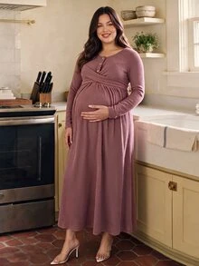 SHEIN Plus Size Long Sleeve Maternity Dress In Dusty Pink, Fuzzy Ribbed Knit, Comfortable Casual Style With Front Buttons, Nursing Friendly, Autumn/Winter - Dusty Pink - View 2