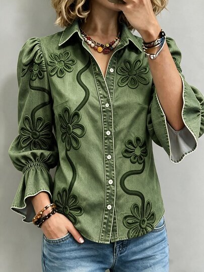SHEIN Atasan Lengan Panjang Berkerut dengan Motif Bunga Terbaru Musim Gugur/Dingin, Gaya Kasual Elegan untuk Beraktivitas di Kantor, Pakaian Sehari-hari, dan Kencan, Mirip Denim