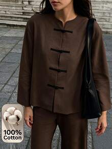 SHEIN Blus Wanita Lengan Panjang Kancing Katak Warna Polos Gaya Cina, Cocok untuk Acara Santai, Minum Teh, dan Pesta, Warna Cokelat Kopi, Musim Gugur, dan Kasual. - Coffee Brown - View 4
