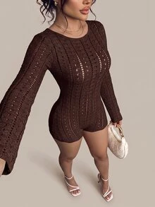 SHEIN PETITE 女款性感純色鏤空露背針織連身褲 秋冬款 - 巧克力棕 - 查看 4