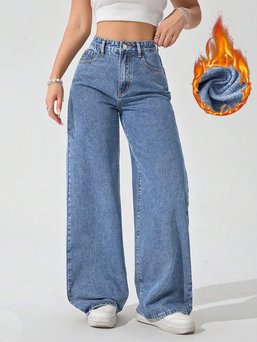 SHEIN ICON 大尺碼女款極簡復古街頭風中藍色水洗牛仔褲 - 藍色 - 查看 1