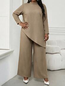 SHEIN Lady Plus Size Minimalist Asymmetrical Hem Top And Loose Long Pants 2 Pieces Set - Khaki - View 4