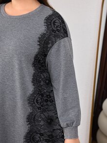 Lacomfia Sweatshirt Wanita Ukuran Besar dengan Motif Renda, Patchwork, Kasual, Serbaguna, Elegan, Modis, Cocok untuk Makan Siang, Makan Malam, Warna Abu-abu, Musim Gugur - Grey - View 3