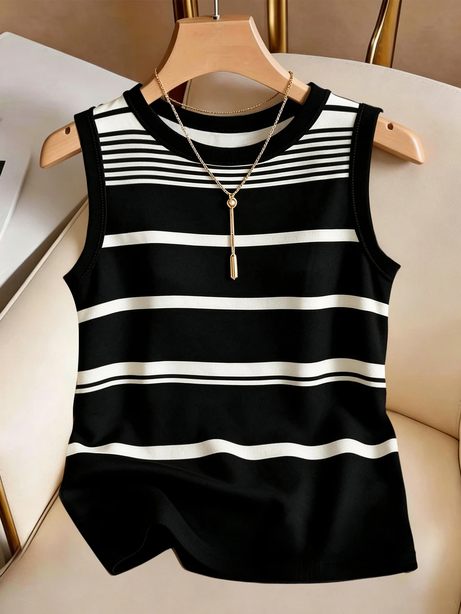 Franclia Plus Size Women's Summer Casual Vacation & Commute Colorblock Striped Print Fitted Comfortable Tank Top - Black - View 1
