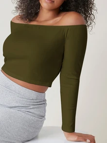 SHEIN BASICS 大尺碼純色露肩短版T恤女款夏季上衣 夏日穿搭 - 軍綠色 - 查看 5