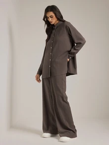 SHEIN Tall Setelan Kasual 2 Potong Wanita Lengan Panjang Kancing Tunggal dan Celana Panjang Warna Polos - Coklat - View 4