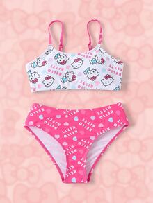 HELLO KITTY AND FRIENDS | SHEIN Setelan Baju Renang Dua Potong untuk Remaja Perempuan dengan Motif Kartun, Atasan Bikini Tali Tipis dan Bawahan Segitiga - Berwarna merah muda - View 1