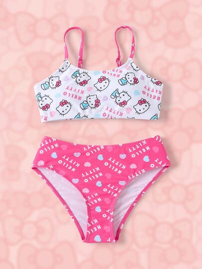 HELLO KITTY AND FRIENDS | SHEIN Tween Girl Cartoon Print Spaghetti Strap Bikini Top And Triangle Bottom Two-Piece Swimsuit Set