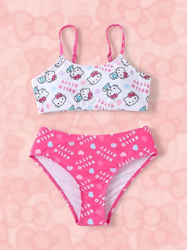 HELLO KITTY AND FRIENDS | SHEIN Tween Girl Cartoon Print Spaghetti Strap Bikini Top And Triangle Bottom Two-Piece Swimsuit Set