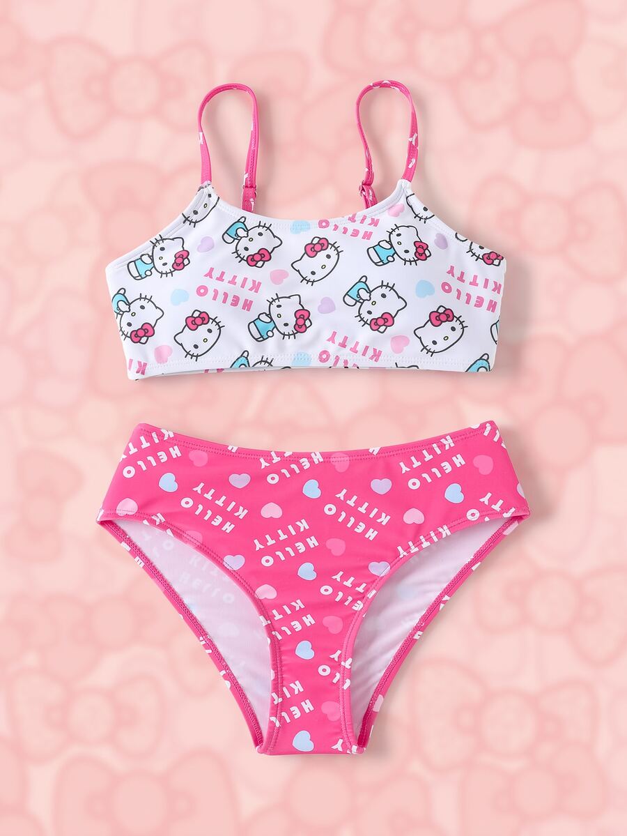 HELLO KITTY AND FRIENDS | SHEIN Setelan Baju Renang Dua Potong untuk Remaja Perempuan dengan Motif Kartun, Atasan Bikini Tali Tipis dan Bawahan Segitiga - Berwarna merah muda - View 1