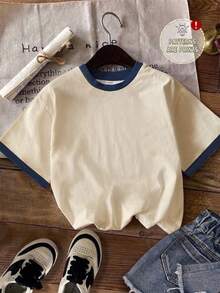 Tseoso 95% Cotton Casual Minimalist Blue & Beige Colorblock Round Neck Short Sleeve Loose Fit Women's T-Shirt, Suitable For Autumn, Basic Classic Style, Versatile For Multiple Occasions - Multicolor - View 4