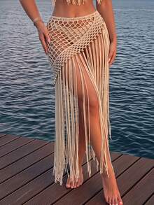Swim SXY Women's Solid Color Tassel Design Hollow Out Casual Vacation Cover Up Skirt - Apricot - View 6