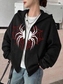 SHEIN 青少年女孩黑色紅色蜘蛛圖案印花休閒寬鬆冬季夾克，簡約學院風休閒外套 - 黑色 - 查看 12