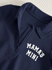 2件組嬰兒男童女童運動套裝 字母圖案圓領長袖半拉鍊套頭衛衣 鬆緊腰收口長褲 春秋冬適用 - 藏蓝色 - 查看 4
