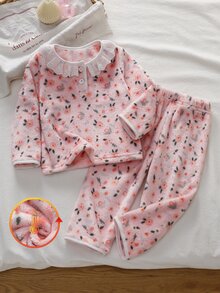 SHEIN 2件組秋冬保暖內裡女嬰居家服，粉色雙面法蘭絨碎花可愛白色蕾絲領長袖上衣與長褲，冬季風格 - 粉色 - 查看 3