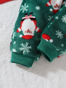 SHEIN Playful Pals 2件組 幼兒男嬰衛衣長褲套裝，可愛白色綠色聖誕補丁雪花毛絨長袖圓領加厚套頭衫，適合聖誕派對、冬季與秋季 - 綠色 - 查看 8