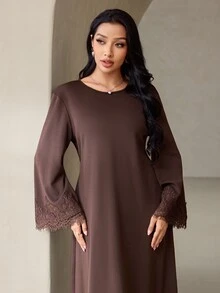 Veilorie Women's Elegant Commute Lace Patchwork Long Dress - Brown - View 4