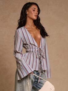 SHEIN Glamour 時尚藍白條紋深V領喇叭袖門襟抽繩蝴蝶結裝飾秋季女款襯衫，秋冬、海灘、外出、休閒、度假 - 酒紅色 - 查看 6
