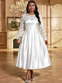 SHEIN Lady Plus Size Women's Contrast Lace Round Neck Long Sleeve Pleated Hem Elegant Dress Fall - White - View 3