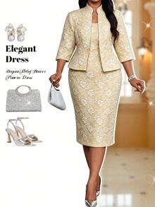 SHEIN Lady Plus Size Women's Jacquard Dress And Cardigan Fashion 2 Pieces Set - Gold - View 3