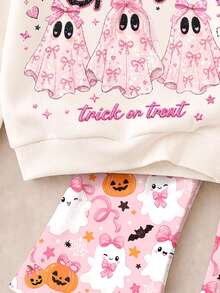 可愛粉色萬聖節氛圍女童亮片蝴蝶結與小鬼圖案，Trick Or Treat，太可愛不恐怖，嬰兒女童休閒極簡圓領套頭衛衣與喇叭褲2件套，新風格適合日常、萬聖節、南瓜季、感恩節、家庭秋季出遊，Boo! - 彩色 - 查看 7