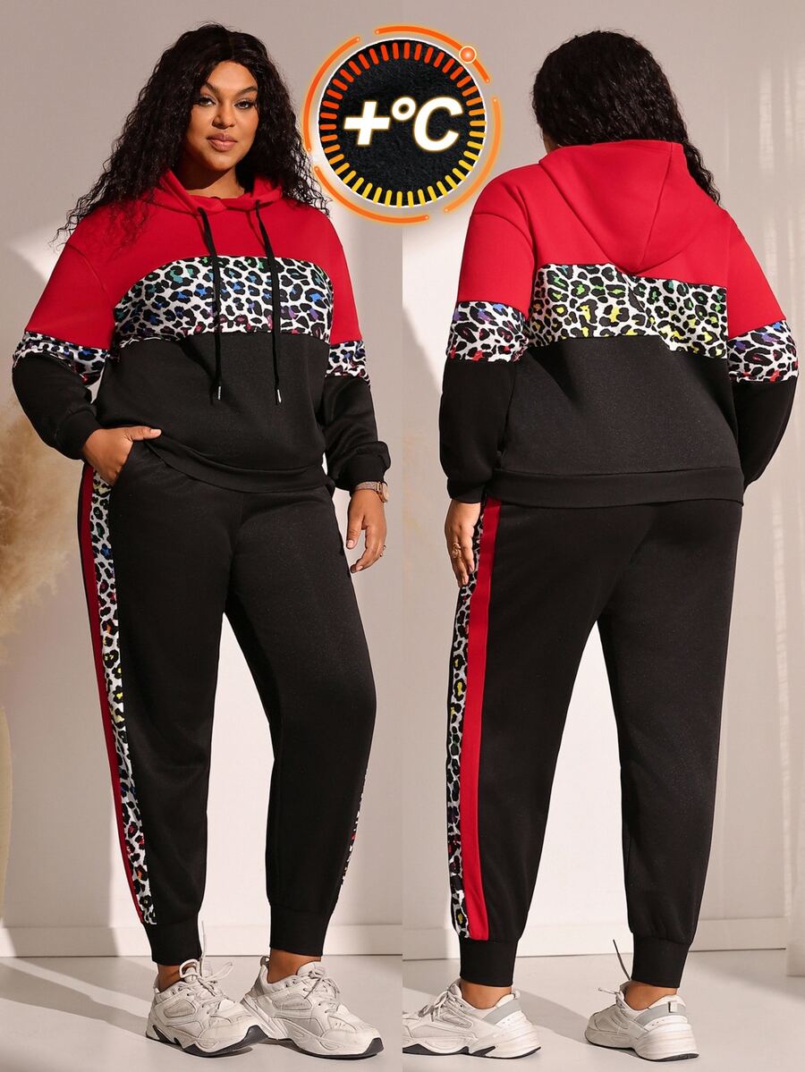 BrightlyHer Plus Size Colorblock Side Stripe Drawstring Pocket Hooded Long Sleeve Two Pieces Set Fall Winter 2026 - Multicolor - View 1