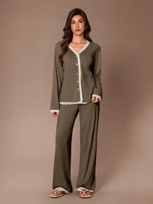 Lazeform Autumn/Winter V-Neck Cardigan Button Long Sleeve Lace Patchwork Top And Straight Leg Pants Women's Pajama Set - Brown - View 1