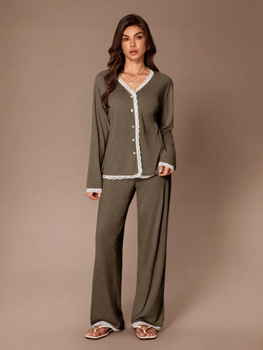 Lazeform Autumn/Winter V-Neck Cardigan Button Long Sleeve Lace Patchwork Top And Straight Leg Pants Women's Pajama Set - Brown - View 1