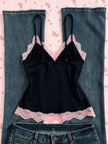 Sunspun Plus Size Summer Elegant Contrast Color Lace Trim Slit Cami Camisole - Black - View 2