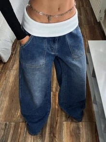 StreetHx Plus Size Women's Contrast Color Waist Fold Pocket Wide Leg Casual Denim Jeans - Blue - View 7