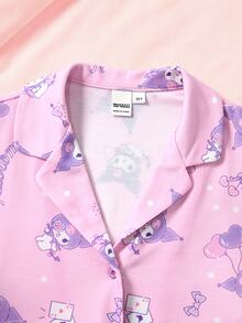 HELLO KITTY AND FRIENDS | SHEIN 少女卡通印花長袖單排扣上衣與長褲居家服套裝 - 粉色 - 查看 3