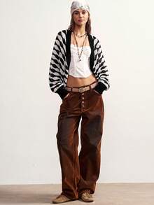 Bohemela Women's Vintage Street Style Colorblock Hollow Knit Cardigan - Black and White - View 6
