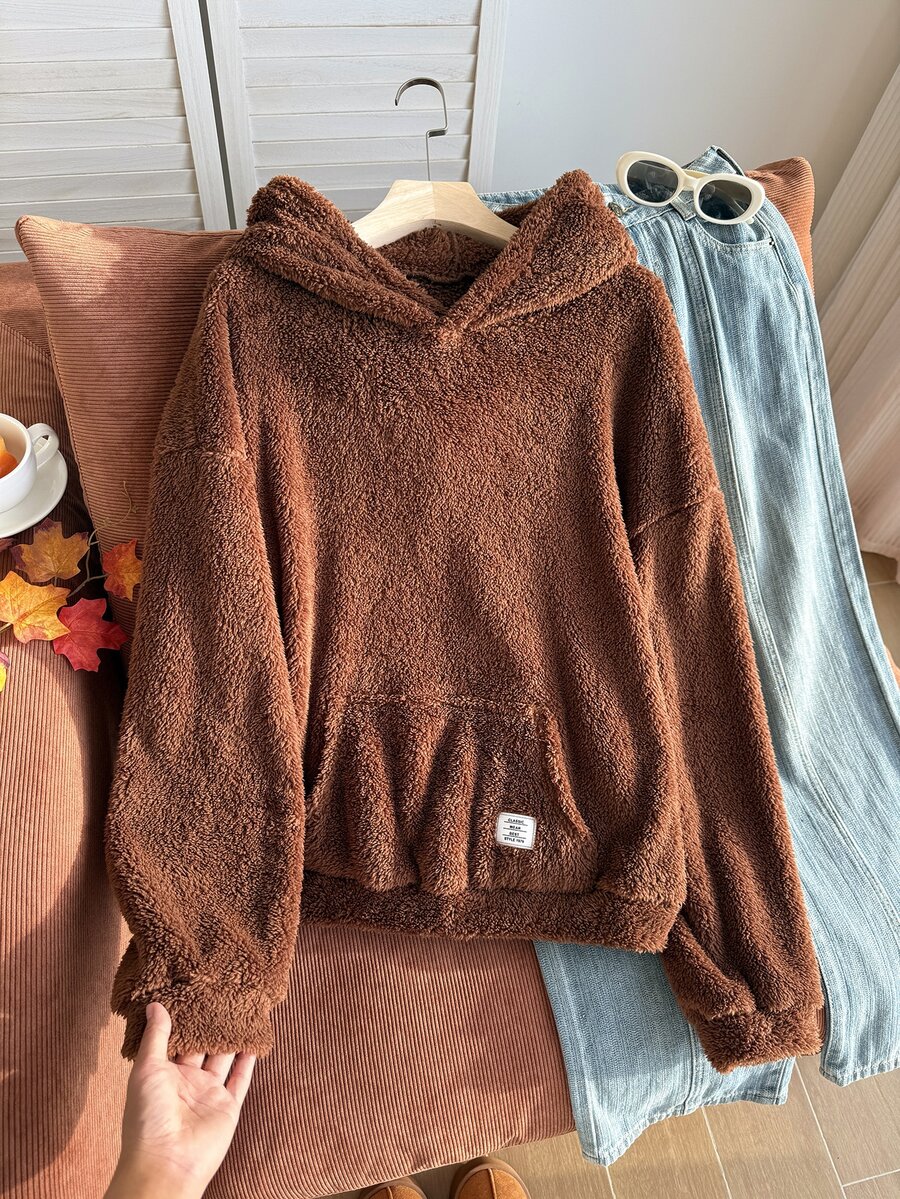 Comfortcana Plus Size Winter Fuzzy Hooded Sweatshirt - Brown - View 1