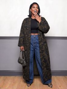 Slaydiva Spring/Autumn New Casual, Music Festival, Street, School, Back To School, Holiday Occasions Item Loose Camouflage Pattern Long Women's Plus Size Jacket-A - Army Green - View 9