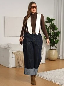 EMERY ROSE EMERY ROSE Plus Size High-Rise Dark-Wash Cuffed Wide-Leg Jeans,Dark-Wash Denim,Office Outfit,Elegant,Casual,Vacation,Business,Country,Western,Halloween,Christmas - Blue - View 7