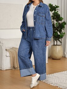 Elaquor Plus Size Top & Jeans Two Pieces Set,Button-Down Shirt And Cuffed Wide-Leg Jeans,Denim Shirt And Jeans Set,Halloween,Christmas,Party ,Elegant,Boho - Blue - View 6