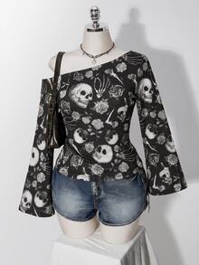 SHEIN ICON 萬聖節骷髏與玫瑰印花大尺碼女款不對稱肩T恤 - 彩色 - 查看 4