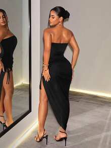 BamGleam Women's Solid Color Strapless Side Slit Drawstring Hem Sexy Dress Club Party Night Out Black Summer Halloween - Black - View 3