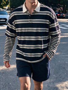 TONEVAULT Men's Striped Casual Daily Wear Polo Shirt - Navy Blue - View 4