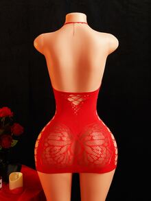 ChaseTheNight Women's Plus Size Black Halter Neck Fishnet Mini Dress With Criss-Cross Straps & Butterfly Lace Design - Red - View 2