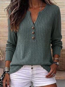 Holdful Holdful Vertical Striped Ribbed Long Sleeve Tee Ladies Half Open V-Neck Loose Casual Wear T Shirt - Multicolor - View 1