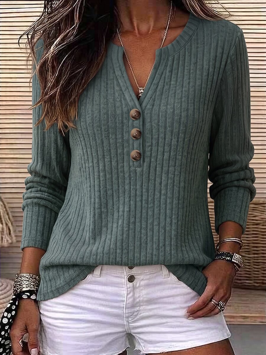 Holdful Holdful Vertical Striped Ribbed Long Sleeve Tee Ladies Half Open V-Neck Loose Casual Wear T Shirt - Multicolor - View 1