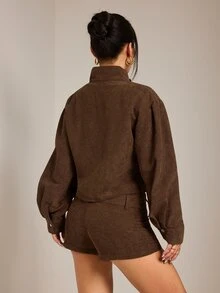 SHEIN PETITE Brown Corduroy Women's Jacket And Shorts Casual Set - Brown - View 2