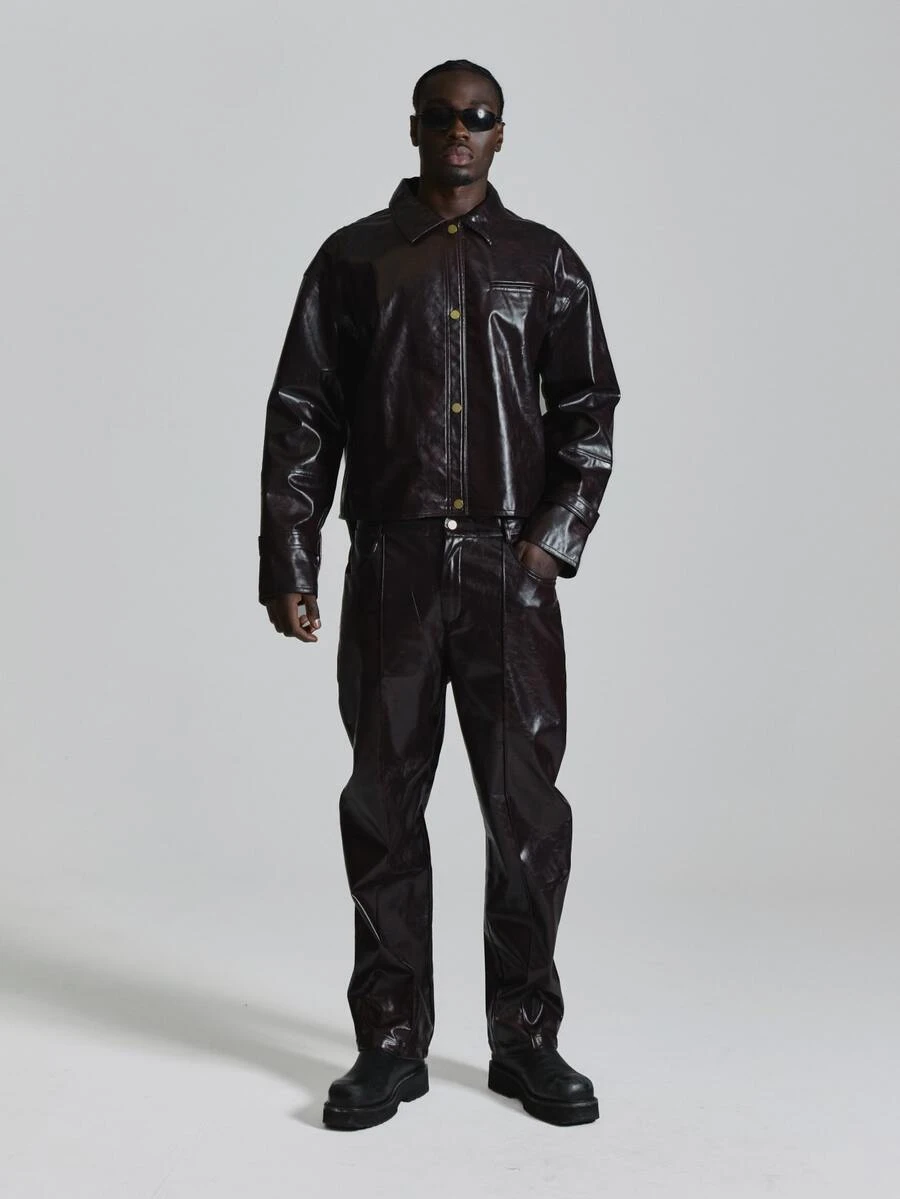 Musero Pleated Straight Leg P.U Trousers Co Ord Trousers Only Autum Winter Essentials - Burgundy - View 1