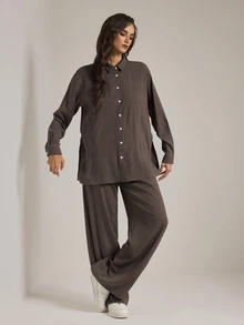 SHEIN Tall Setelan Kasual 2 Potong Wanita Lengan Panjang Kancing Tunggal dan Celana Panjang Warna Polos - Coklat - View 3