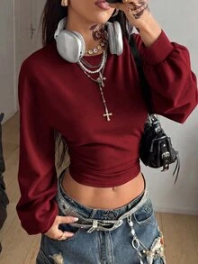 Coolane 女款休閒純色收腰運動衫，秋季 - 酒紅色 - 查看 4