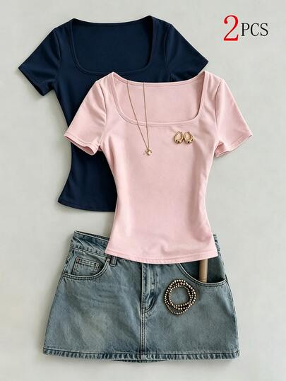 IslaSuriya Two Pieces Set Pink + Navy Square-Neck Slim T-Shirt, Fashionable Square-Neck Slim Short-Sleeve T-Shirt