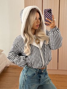 SHEIN EZwear 秋冬新款杏色加厚保暖內裡連帽短版夾克女款 - 咖啡棕 - 查看 4