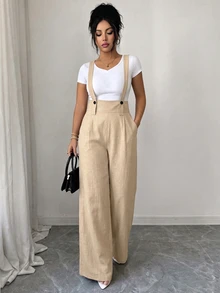 GlowEve CURVE Plus Size Women Solid Color Button Design Pocket Wide Leg Overalls Fall - Khaki - View 6